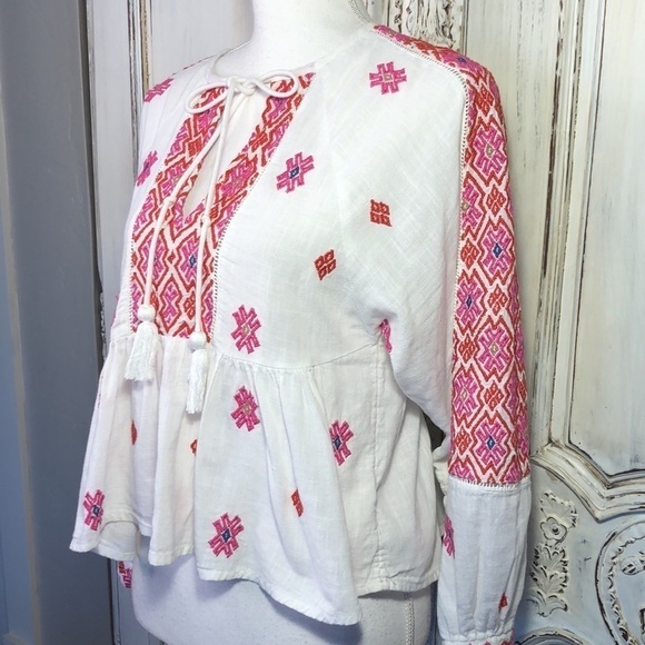 TOPSHOP PETITE 100% Cotton Embroidered Ethnic Long Sleeve Popover Top Size 0 - Picture 3 of 11